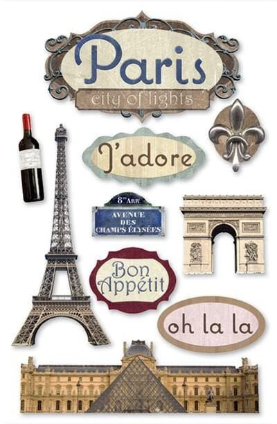 Paris France Eiffel Vacation 3D Stickers Scrapbook Planner Travel Journal Crafts