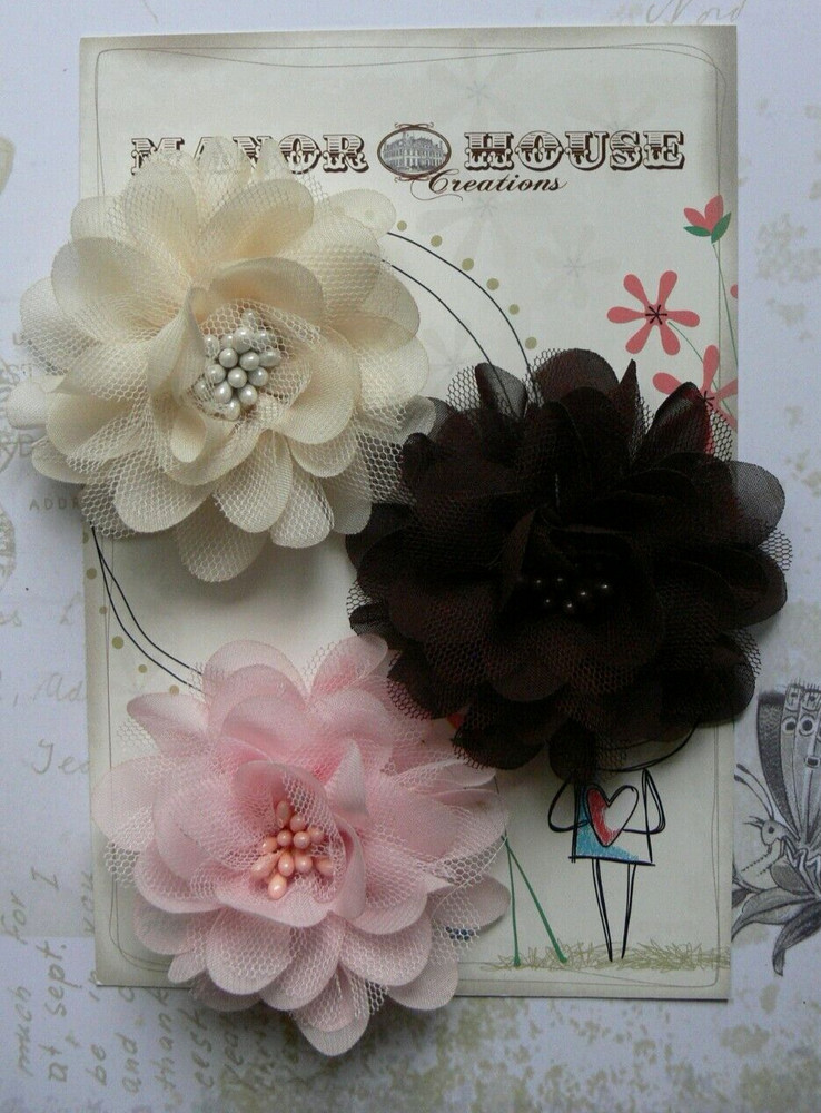 PINK, IVORY and BROWN Mix Fabric Organza 3 Flowers 70-75mm – Manor House
