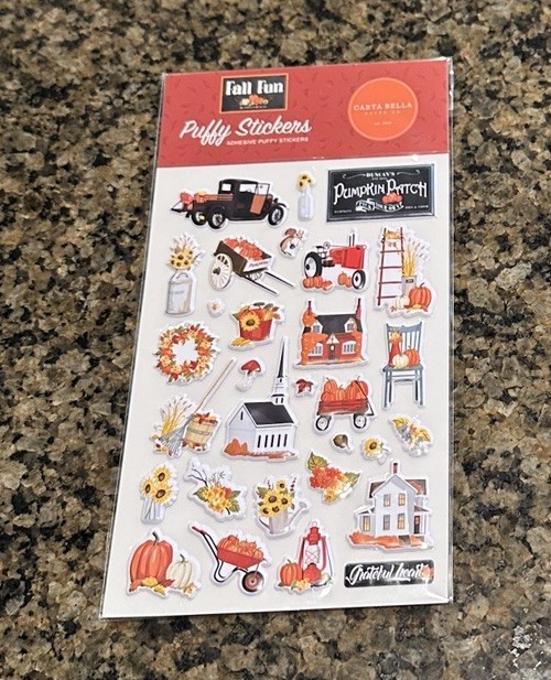 Carta Bella FALL FUN Puffy Stickers Truck Pumpkin Church House Rake Flowers
