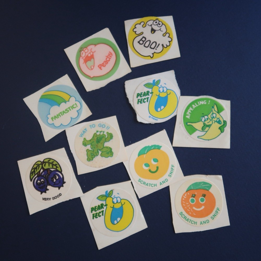 Vtg 80s Trend Scratch & Sniff Sticker Lot- Green Holiday Pear Grape Fruit Ghost