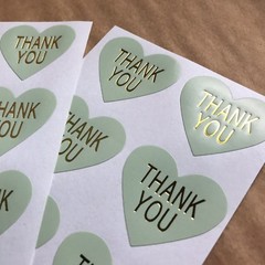 50 Heart Thank You Stickers On Glossy Mint Paper With Gold Lettering
