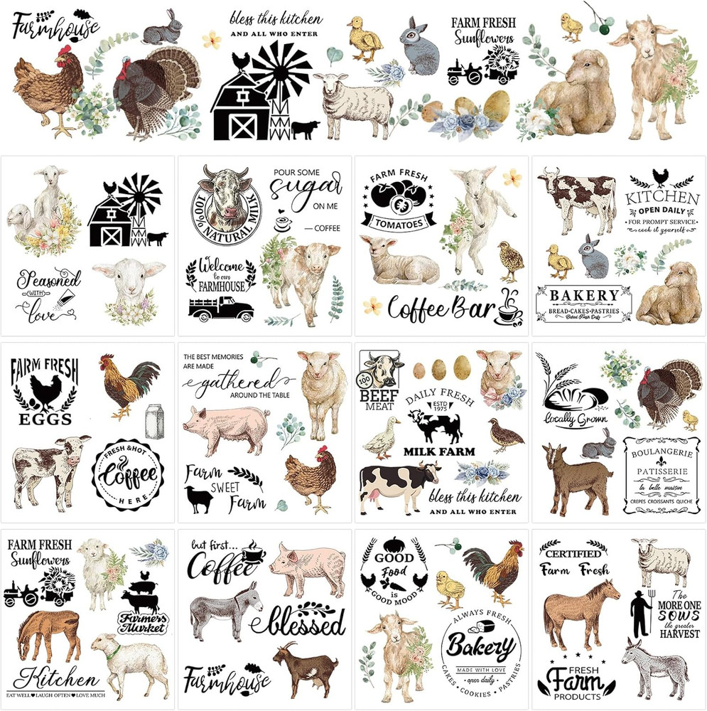 12 Sheet Farmhouse Rub on Transfer for Furniture and Crafts Rustic Animals Lette