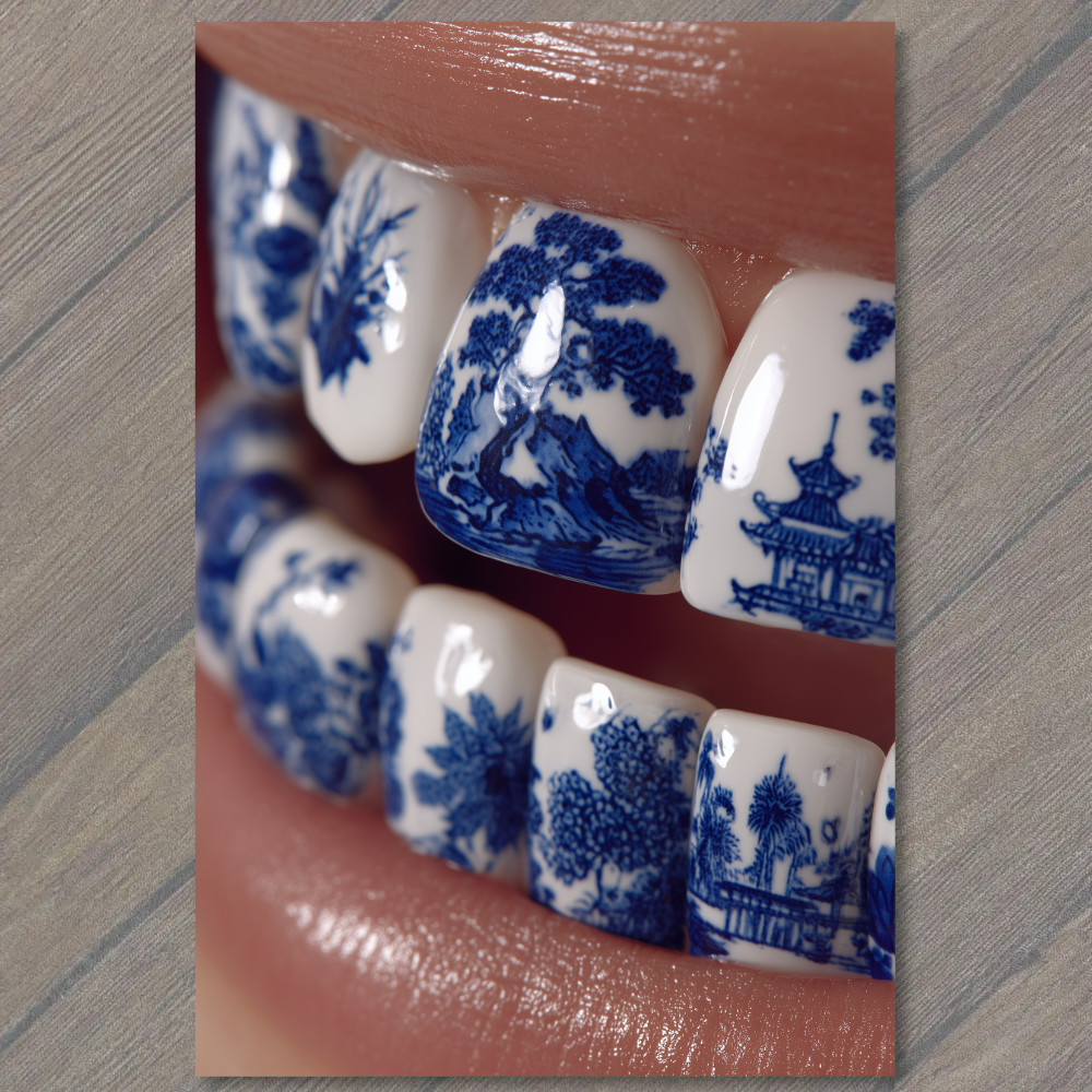 STICKER Blue China Nail Wrap Closeup Pagoda Tree Detail Porcelain Lip Zoom