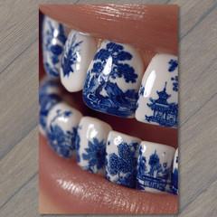 STICKER Blue China Nail Wrap Closeup Pagoda Tree Detail Porcelain Lip Zoom