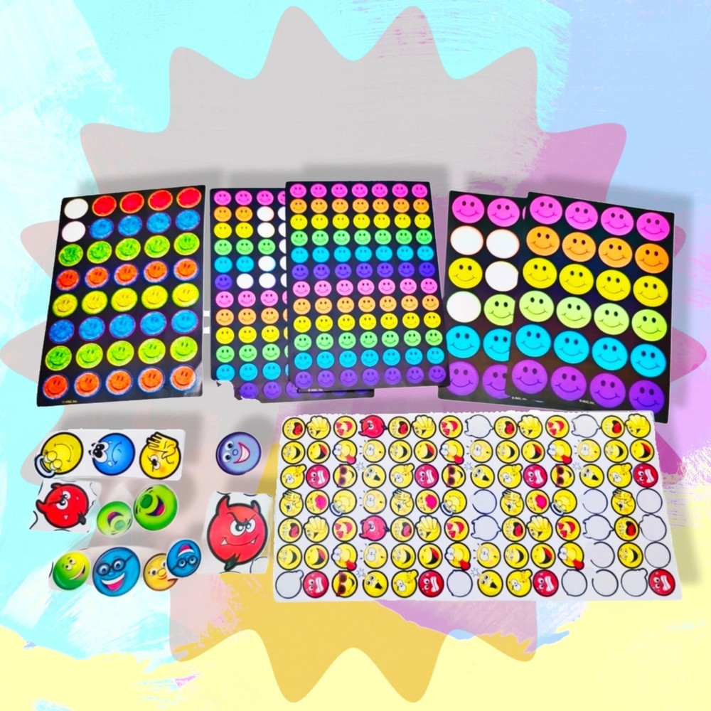 Vtg Mixed Lot Of Sticker Sheets Smiley Faces Neon Emotion Emoticons Multi Size