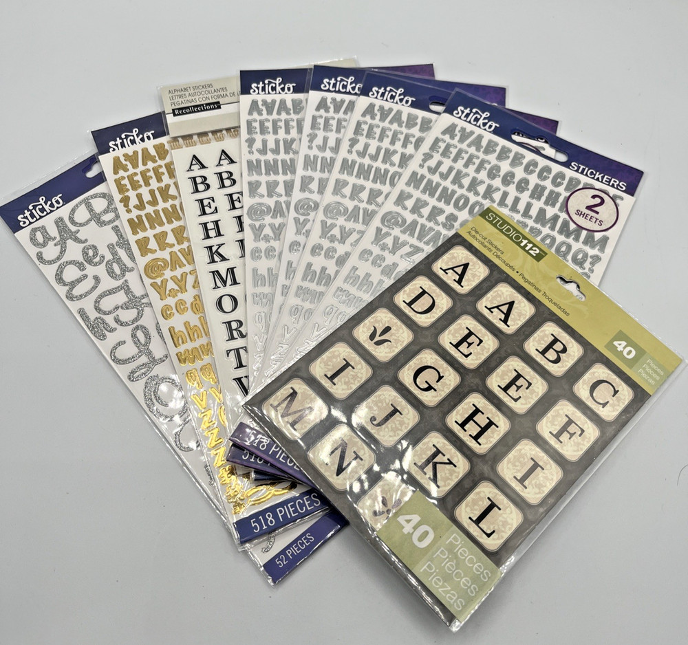 Stickers Lot Numbers / Letters Crafts Scrapbook Junk Journal- Silver Gold + 8 pc