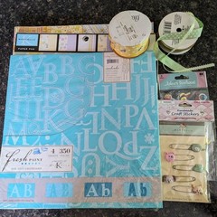 Gender Neutral Scrapbooking Lot 2 pads paper, Ribbons, Embellishments Lettering