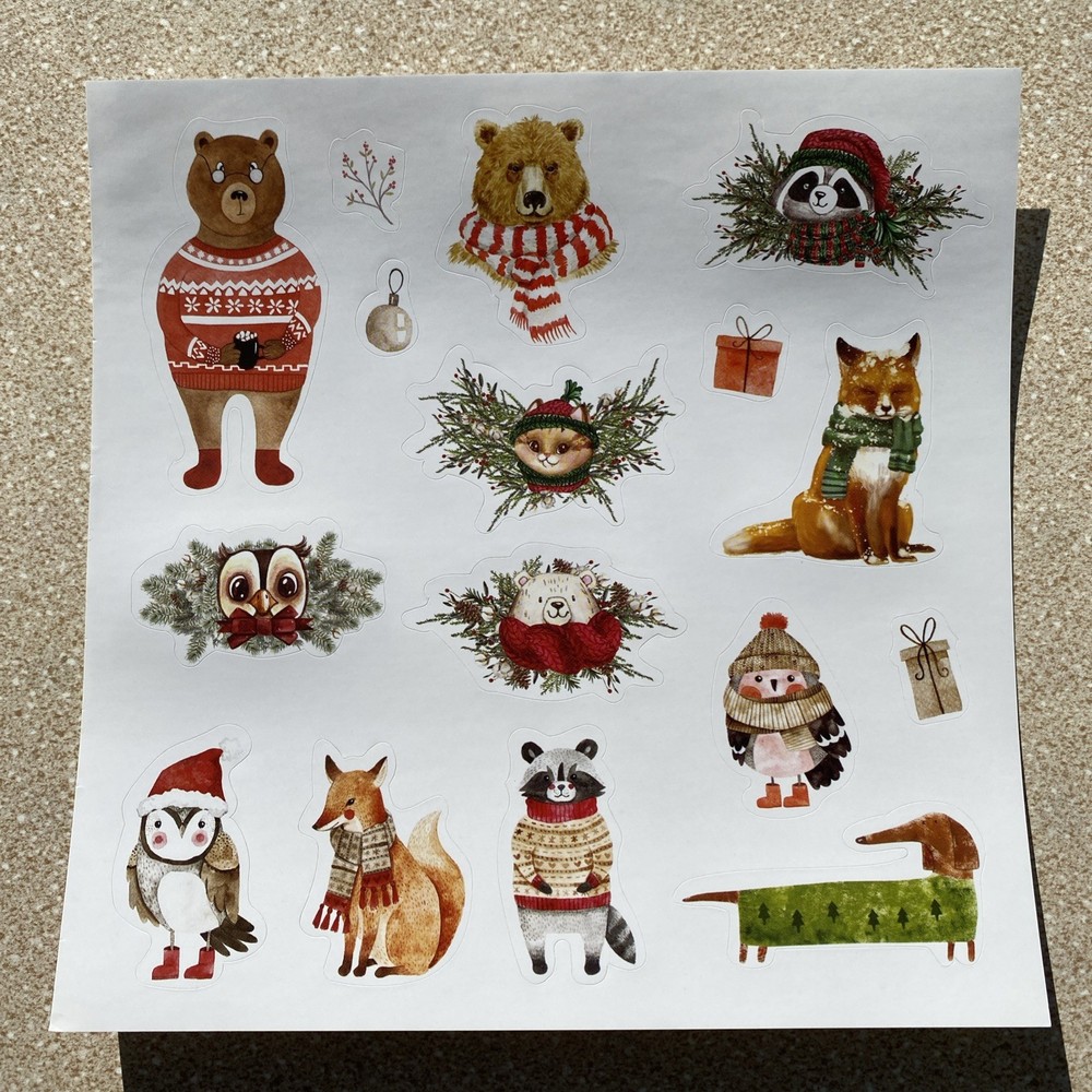 Christmas Animals Stickers One Sheet Fox Owl Raccoon Bear Dog Cat Presents New