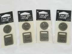 NEW Lot 4 I kan’ dee Metal Word Charms Baby Love Little One Smile Tags Signs -A
