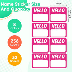 Hello My Name Is Stickers, 256 Pcs 8 Assorted Colors, 3″ X 2.5″ Self-Adhesive