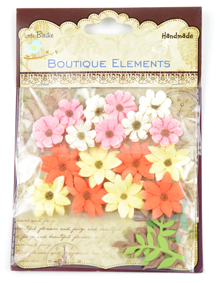 Mixed Media Paper Flowers in Pink, Orange, Yellow – 16 Miniature Craft Flowers