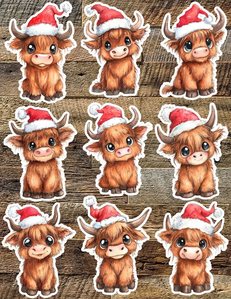 Christmas Highland Cow Die Cut Stickers Set Scrapbooking Laptop Water Bottle