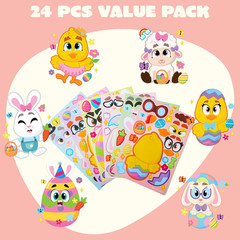 24 PCS Easter Match Make a Face Stickers – Chick Bunny Sheep Egg Pattern