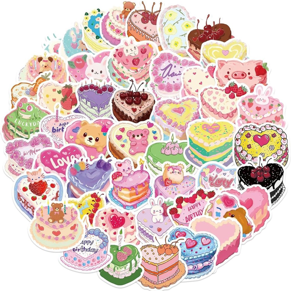 50pcs Birthday Cake Stickers Cartoon Heart Shaped Cake Stickers Kawaii Love Aest