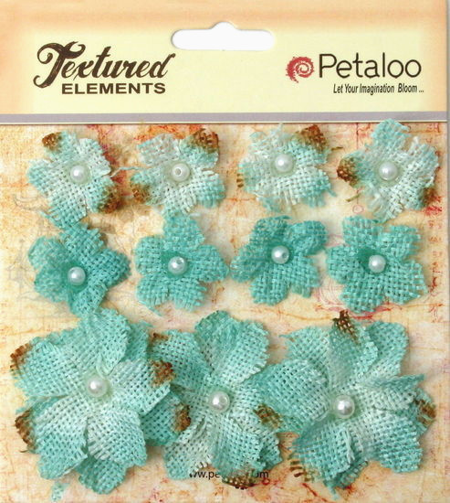 Burlap Flowers TEAL Approx 8 @ 2cm & 3 @ 4cm across Petaloo 1208 BUR