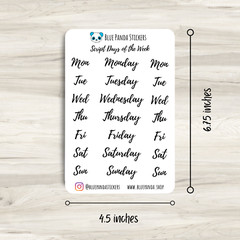 Script Days of the Week Functional Sticker Sheet, Cute Planner, Bullet Journal