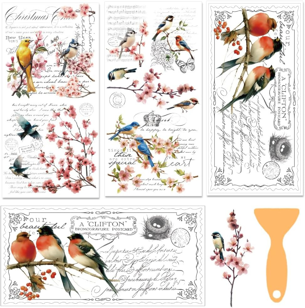 3 Sheets Vintage Rub on Transfers for Crafts and Furniture,Floral and Birds,Cold