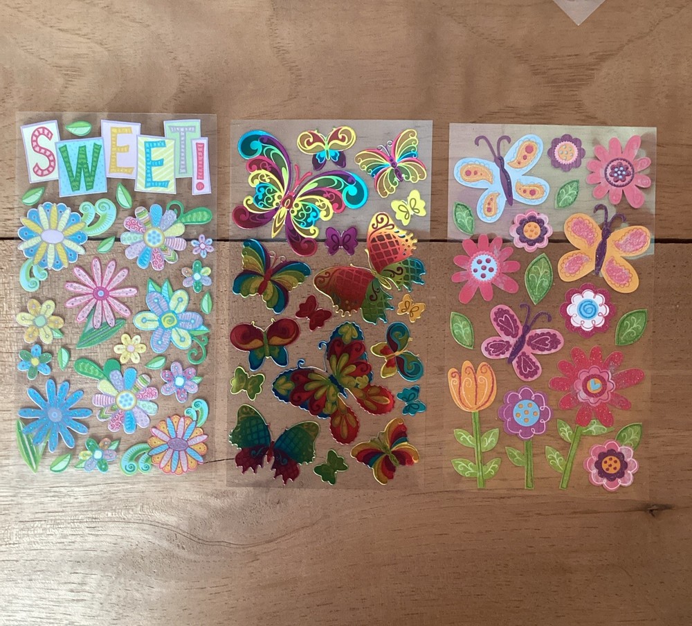 LOT of 3 Sticko Themed Stickers: Stained Glass Butterfly, Butterflies, Flowers
