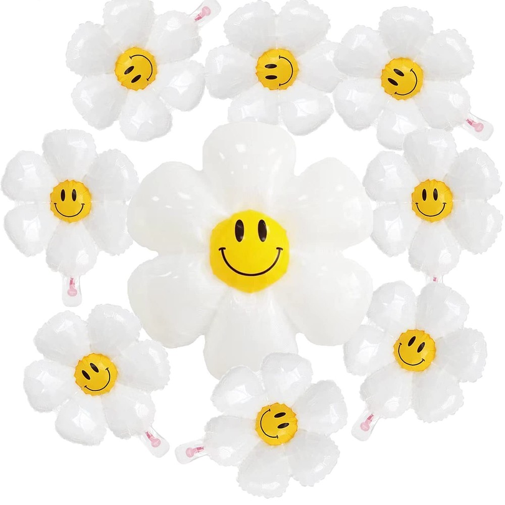 10PCS Daisy Balloons with Face Groovy Party Decorations Boho White Flower Bal…