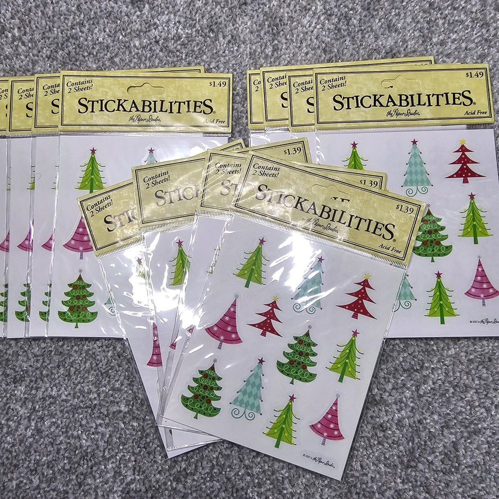 Paper Studio Stickers STICKABILITIES Christmas Retro Trees Lot Of 12 Pks 22 Pc