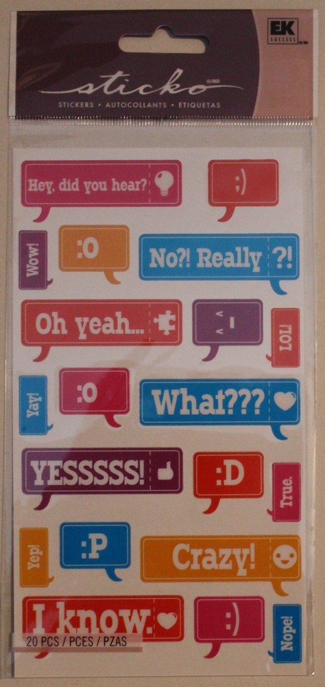 New Sticko scrapbook stickers DID YOU HEAR? Captions emoticons What Yes Crazy
