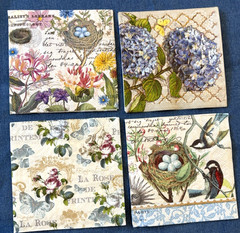 Lot of 4 Paper Beverage/Cocktail Napkins for Decoupage – Flowers, Birds