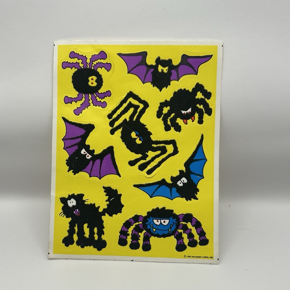 Vintage Stickers, Hallmark, Fuzzy Halloween Bats And Spiders And Cats 1982