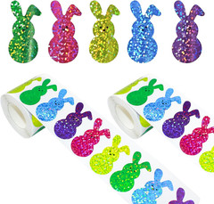 2 Rolls 1000 Pcs Holographic Easter Bunny Sticker Seals 1.5 X 0.8 In