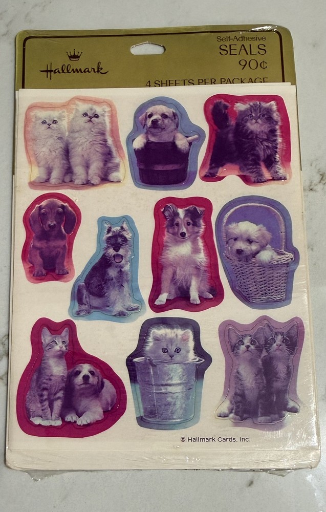 Hallmark Seals Vintage 1980’s Stickers Cats Kittens Dogs Puppies-NOS Sealed