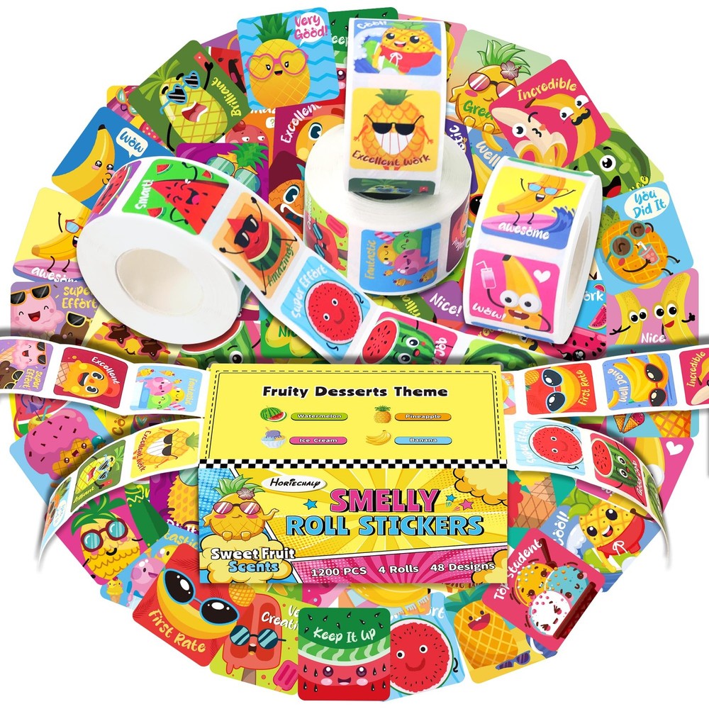 1200 Pcs Scented Scratch and Sniff Reward Stickers for Kids, 4 Rolls