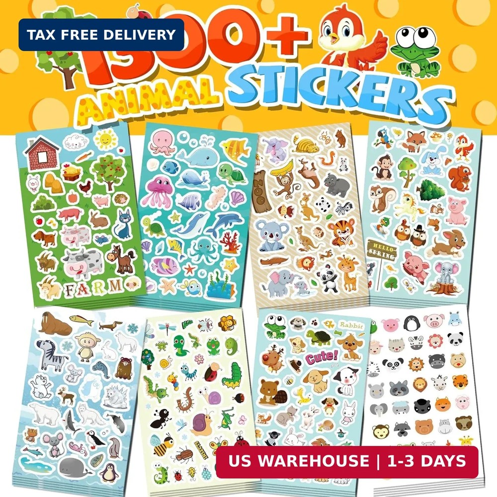 1300+ Stickers for Kids, 8 Sheets Cute Animal Stickers Bulk for Classroom Crafts