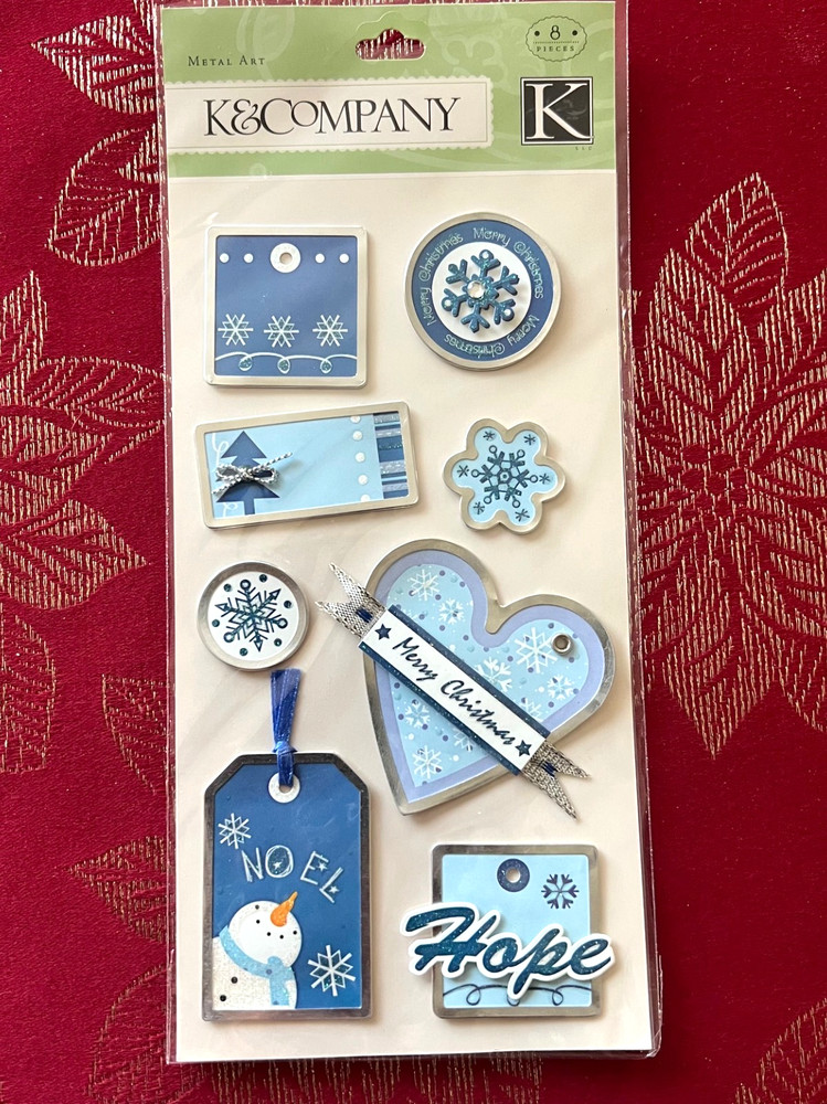 K & COMPANY MERRY CHRISTMAS BLUE METAL TAGS – SO CUTE 3D STICKERS