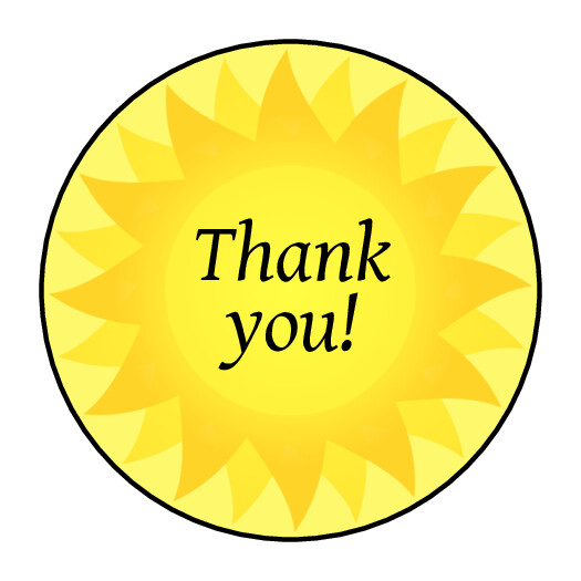 Thank you stickers, labels, tags, envelope seals, bright yellow sun