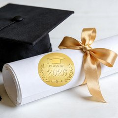 100Pcs Graduation Stickers – Gold Foil Embossed Class of 2026 Stickers 2 Inch Gr