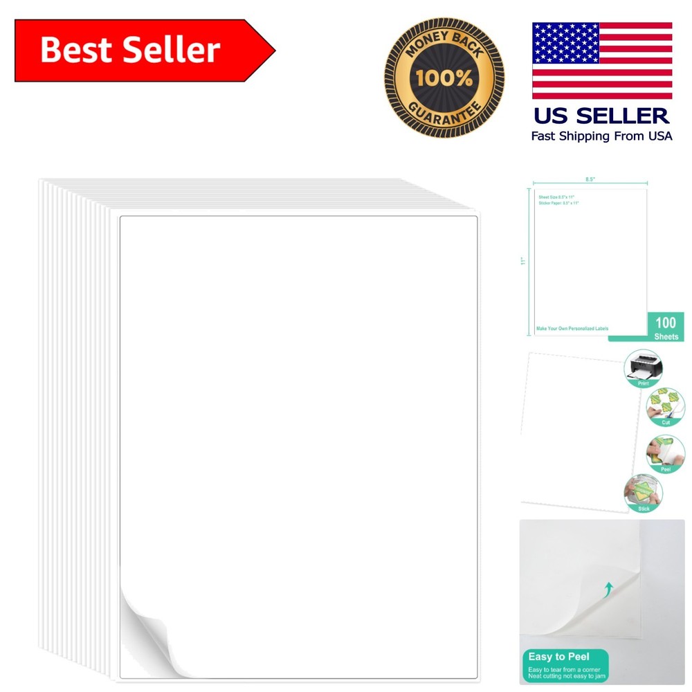 Versatile 8.5×11 Full Sheet Matte Sticker Paper – 100 Labels for Crafting