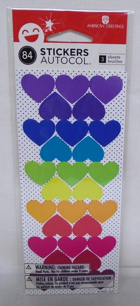 American Greetings Stickers Colorful Hearts Purple Red Green Blue Pink 84 Pieces