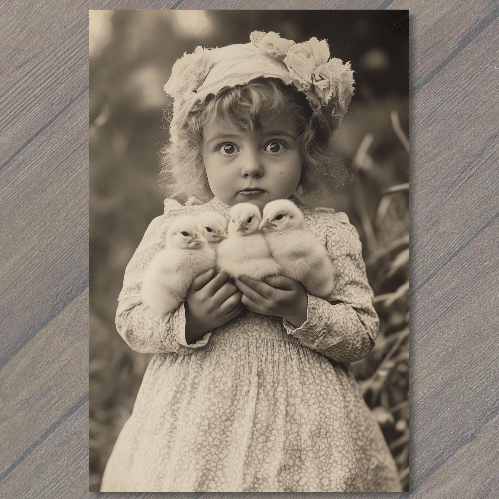 STICKER Scared Child Holding Easter Chicks Distressed Retro Style Funny Girl