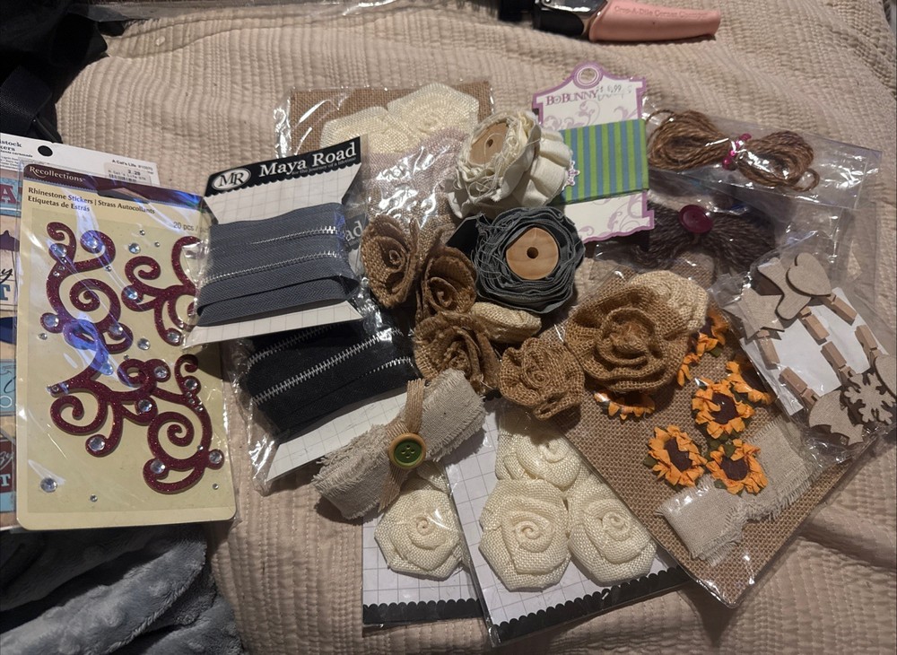 Scrapbooking Crafting LOT Ribbon, Flowers, Burlap, Trims, Clothes Pins, Sticker