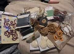 Scrapbooking Crafting LOT Ribbon, Flowers, Burlap, Trims, Clothes Pins, Sticker
