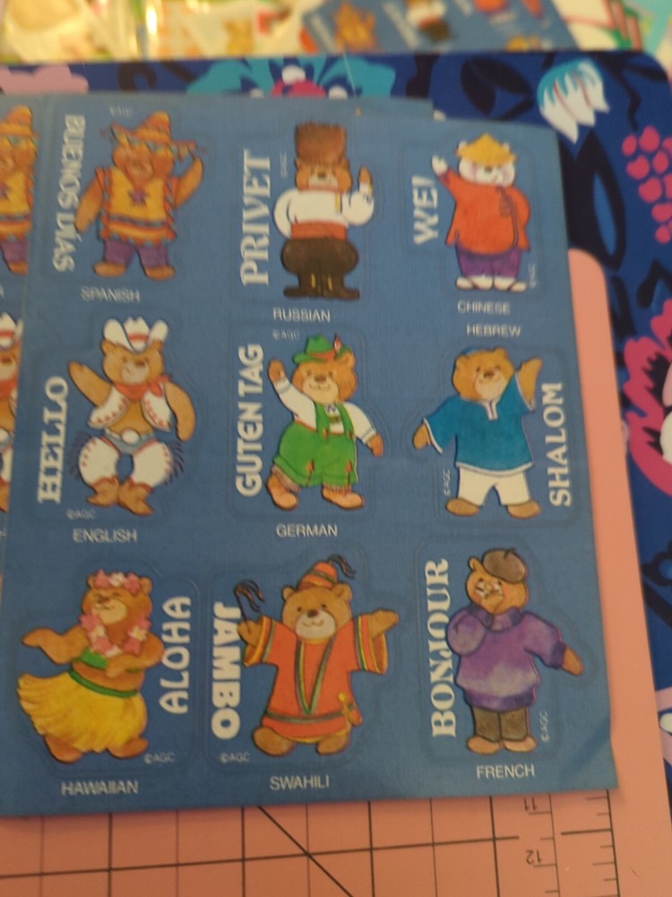 Vintage American Greetings Stickers Teddy Bears Saying Hello Foreign 1 Sheet