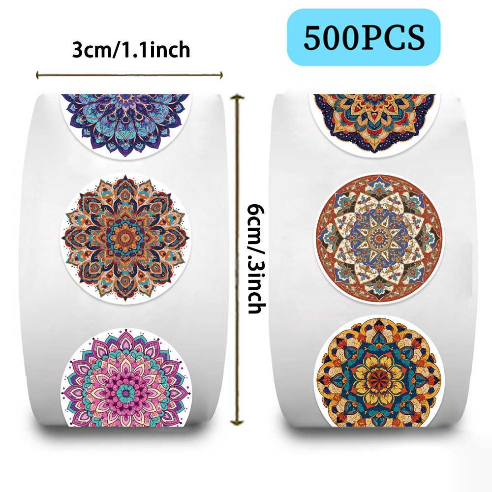 500Pcs/Roll Hot-Selling Mandala Pattern Washi Sealing Stickers- Boho Decor for J