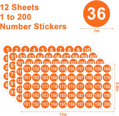 12 Sheets 1 to 200 Vinyl Number Stickers Orange Consecutive Number Stickers 3 Se