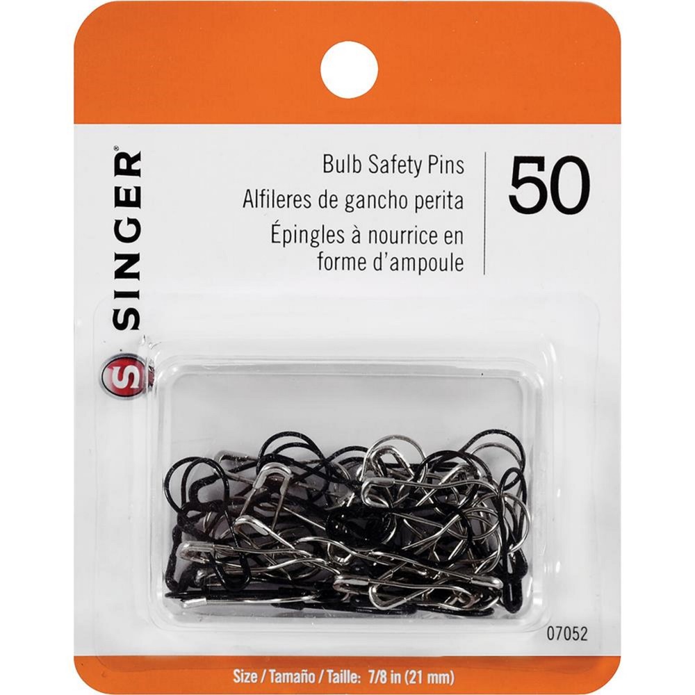 Singer Metal Bulb Loop Safety Pins 50 pieces Black and Nickel in plastic case