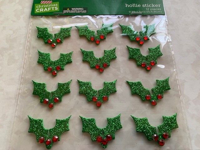 CHRISTMAS PAPER CRAFTS 3D FOAM STICKER GREEN GLITTER HOLLY 12PCS