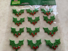 CHRISTMAS PAPER CRAFTS 3D FOAM STICKER GREEN GLITTER HOLLY 12PCS