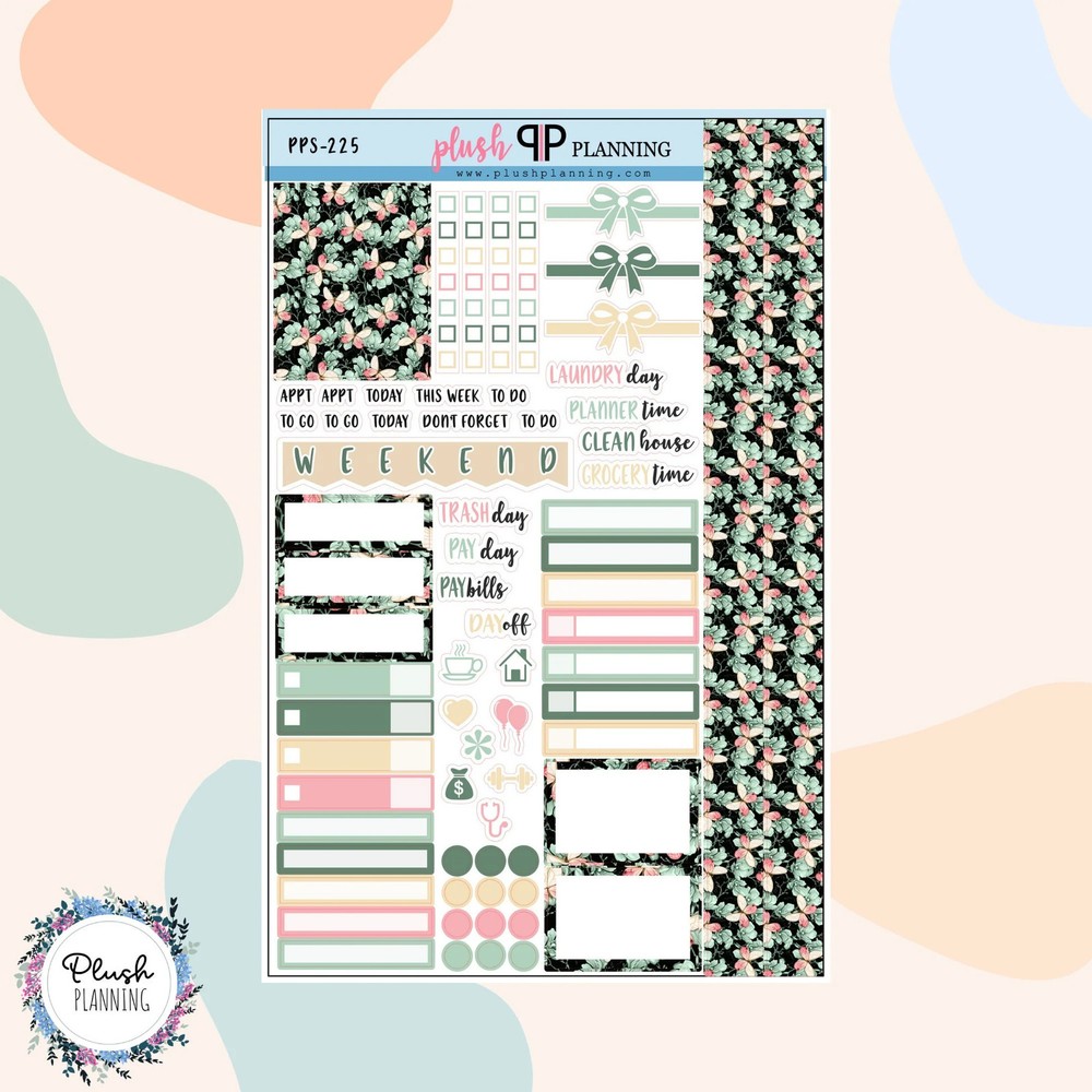 Kawaii Butterfly Green Floral Pattern Planner Stickers Sampler, Floral Pattern,