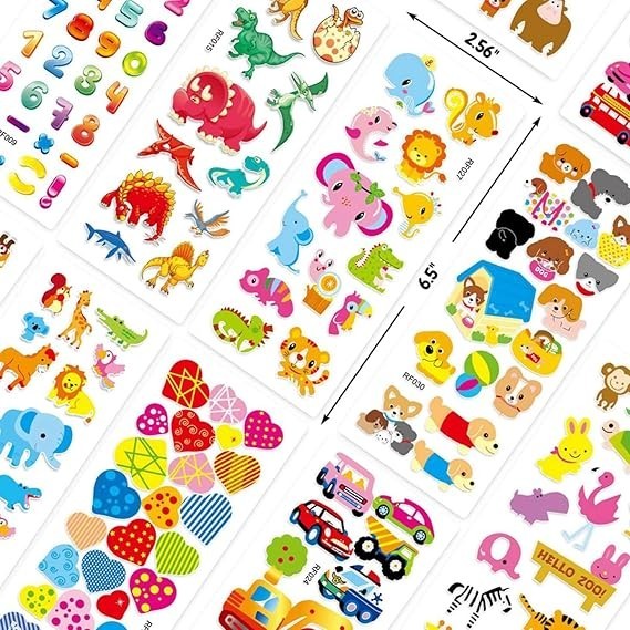 10 Sheets 3D Puffy Stickers for Kids, Variety Pack Animals Cars Dinosaurs