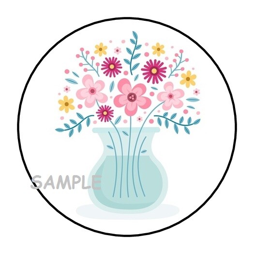30 PRETTY FLOWERS IN VASE ENVELOPE SEALS LABELS STICKERS 1.5″ ROUND GIFTS
