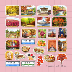 Autumn in Japan Travel Stickers (28Pcs)-Watercolor, Japanese Maple, Fall Foliage