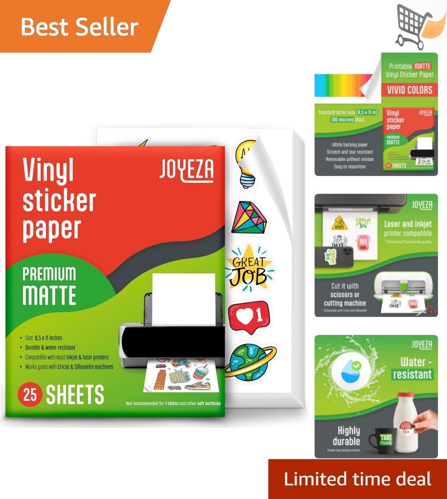 Printable Vinyl Sticker Paper White Waterproof Matte 25 Sheets for Inkjet & L…